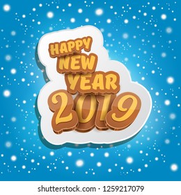 2019 Happy new year creative design background or greeting card with colorful numbers and greeting text. Happy new year label or icon isolated on blue sky background with stars and lights
