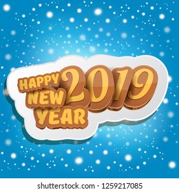 2019 Happy new year creative design background or greeting card with colorful numbers and greeting text. Happy new year label or icon isolated on blue sky background with stars and lights