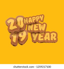 2019 Happy new year creative design background or greeting card with colorful numbers and greeting text. Happy new year label or icon isolated on orange background