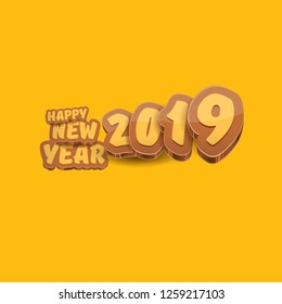 2019 Happy new year creative design background or greeting card with colorful numbers and greeting text. Happy new year label or icon isolated on orange background