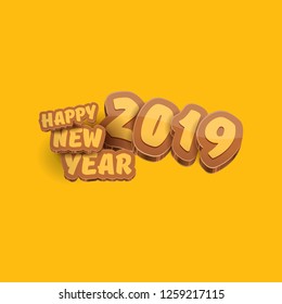 2019 Happy new year creative design background or greeting card with colorful numbers and greeting text. Happy new year label or icon isolated on orange background