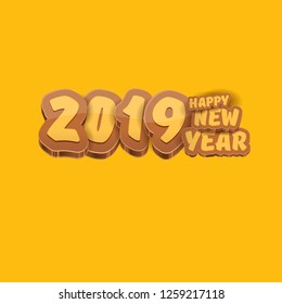 2019 Happy new year creative design background or greeting card with colorful numbers and greeting text. Happy new year label or icon isolated on orange background