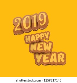 2019 Happy new year creative design background or greeting card with colorful numbers and greeting text. Happy new year label or icon isolated on orange background