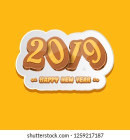 2019 Happy new year creative design background or greeting card with colorful numbers and greeting text. Happy new year label or icon isolated on orange background - Vector