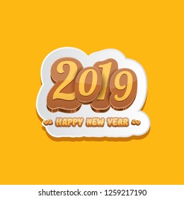 2019 Happy new year creative design background or greeting card with colorful numbers and greeting text. Happy new year label or icon isolated on orange background - Vector