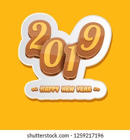 2019 Happy new year creative design background or greeting card with colorful numbers and greeting text. Happy new year label or icon isolated on orange background - Vector