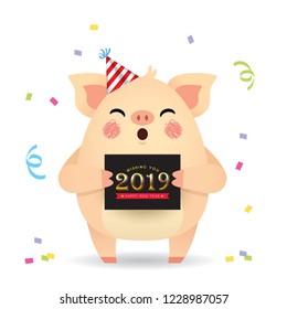 2019 Happy New Year. Cute cartoon pig with new year greetings card isolated on white background. Vector illustration.