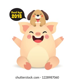 2019 Happy New year. Cute cartoon puppy with bubble speech " good bye 2018" and pig isolated on white background. Vector illustration.