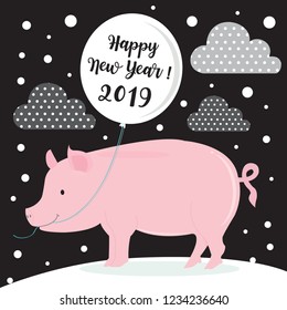 2019 Happy New Year with cute pink pig,Greeting card,Vector illustration,Symbol of the year in the Chinese calendar, Cute cartoon