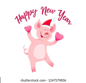2019 Happy New Year cute piggy card. Funny cartoon dancing character, hand drawn symbol of the year with hearts and lettering. Vector illustration for greeting postcard, t-shirt, fabric print design