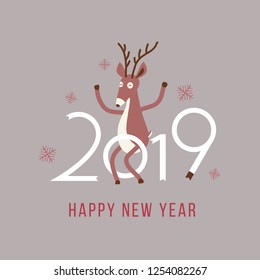 2019 Happy New Year - cute cartoon deer rejoices in the new year. Vector illustration