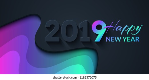 2019 Happy New Year Dark Background with colorful gradient shapes composition. Creative trendy holiday illustration