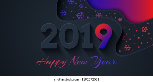 2019 Happy New Year Dark Background with colorful gradient shapes composition. Creative trendy holiday illustration