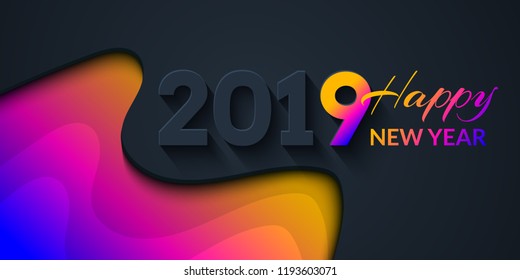 2019 Happy New Year Dark Background with colorful gradient shapes composition. Creative trendy holiday illustration