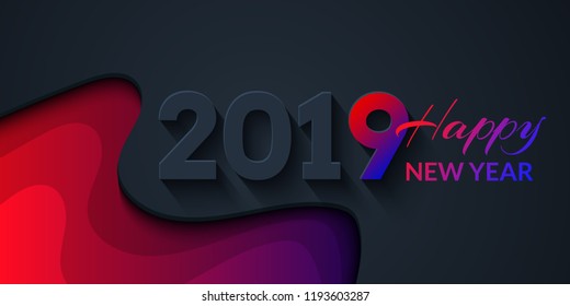 2019 Happy New Year Dark Background with colorful gradient shapes composition. Creative trendy holiday illustration