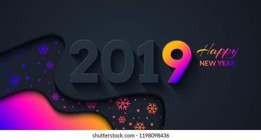 2019 Happy New Year Dark Background with colorful gradient shapes composition. Creative trendy holiday illustration