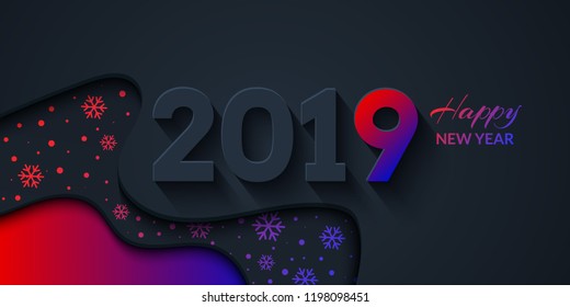 2019 Happy New Year Dark Background with colorful gradient shapes composition. Creative trendy holiday illustration