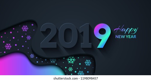 2019 Happy New Year Dark Background with colorful gradient shapes composition. Creative trendy holiday illustration