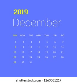 2019 Happy New year December Calendar Template. Christmas Background
