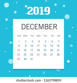 2019 Happy New year December Calendar Template. Christmas Background