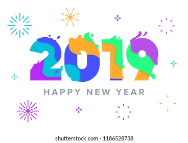 2019 Happy New Year. Decorated text in splashy motion style background. Abstract design with background. Pattern banner template