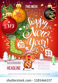 2019 Happy New Year  decoration of a poster card and a merry Christmas holiday background with symbol of 2019 year Pig, garlands, tree branches, snowflakes around a Christmas tree.