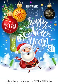 2019 Happy New Year decoration of a poster card and a merry Christmas holiday background with garlands, tree branches, snowflakes and a snowman and Santa claus around a Christmas tree