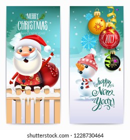 2019 Happy New Year decoration of a poster card and a merry Christmas holiday background with garlands, tree branches, snowflakes and a snowman and Santa claus around a Christmas tree