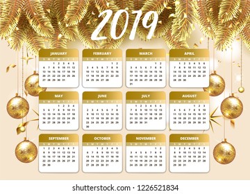 2019 Happy new year design wallpaper with calendar planner. Gold and pink color with Christmas tree celebrate background with golden balls, confetti and stars. Vector stock illustration for January.