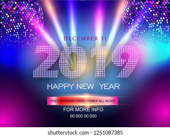2019 Happy new year design layout on black background with gold ball, holiday invitations card