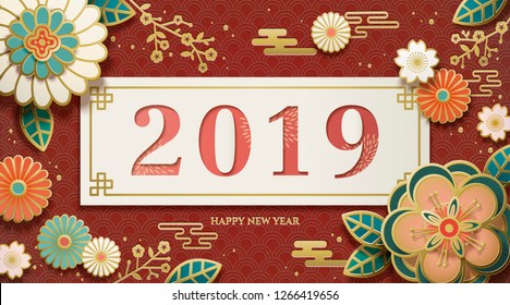2019 Happy new year design with paper art flowers and wavy background 2019 Happy new year design with paper art flowers and wavy background