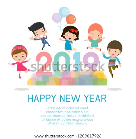 2019 Happy New Year design card with kids on background. happy child with Happy new year 2019, Colorful Vector Illustration