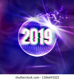 2019 Happy New Year Disco Background Vector. Decoration Element. Futuristic Glowing Neon Light Sphere. Christmas Light Rays. Illustration
