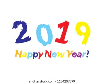 2019 Happy New Year Distorted Funky Colorful Letters and Numbers Original Vector Illustration. Children Style Congratulation Design, Colorful Dancing Font Isolated on White Texture. Editable elements.