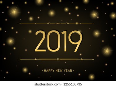 2019. Happy New Year. Falling stars background with golden star shapes on black background.