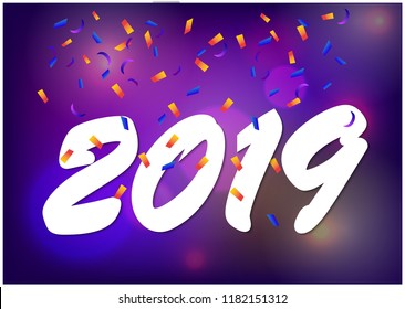 2019 Happy new year festive season and colorful, with bokeh lights on a blurred background,  Vector for ESP 10 greeting design template