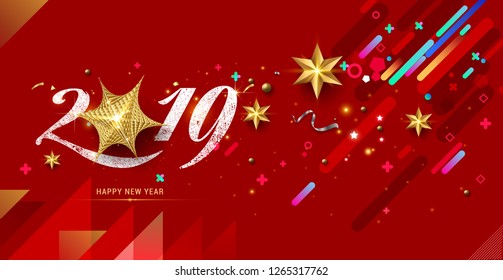 2019 Happy New Year with festive confetti, and golden stars on red background. Vector holiday illustration. Happy New 2019 Year. New year ornament. Decoration element Vector