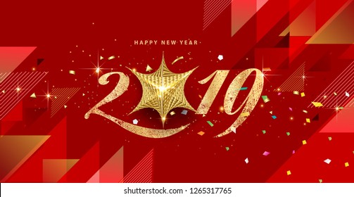 2019 Happy New Year with festive confetti, and golden stars on red background. Vector holiday illustration. Happy New 2019 Year. New year ornament. Decoration element Vector