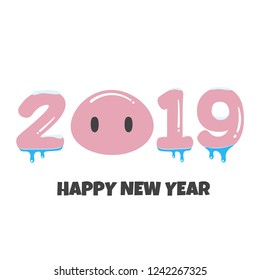 2019 Happy New Year funny greeting post card flat style design vector illustration with cartoon pigs nose and text isolated on white background. Merry Chrustmas and happy new year!