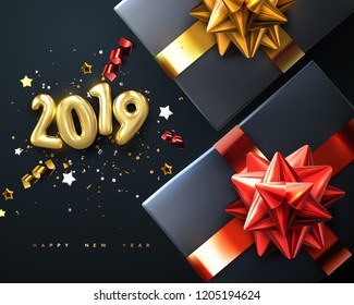 2019. Happy New Year. Gift boxes with golden glossy bows, ribbons and sparkling tinsel. Vector new year illustration with gold metallic 2019 numbers and holiday decoration. Festive ornament