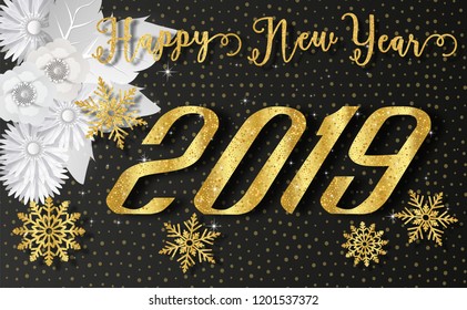 2019 Happy New Year with glitter gold texture and snowfall, patterned paper cut art and craft style on Luxury background.for greetings card, flyers, invitation.vector