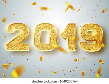 2019 Feliz Ano Novo. Ouro Numbers Design de cartão de saudação de Calling Shiny Confetti. Padrão dourado brilhante. Feliz Banner de Ano Novo com números 2019 em fundo brilhante. Ilustração vetorial