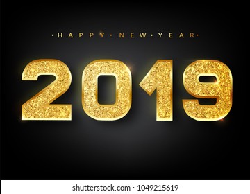 2019 Happy new year. Gold Numbers Design of greeting card. Gold Shining Pattern. Happy New Year Banner with 2019 Numbers on Bright Background. Vector illustration.