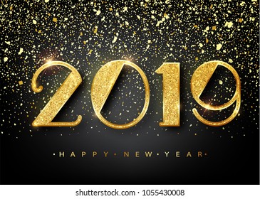 2019 Happy new year. Gold Numbers Design of greeting card. Gold Shining Pattern. Happy New Year Banner with 2019 Numbers on Bright Background. Vector illustration.