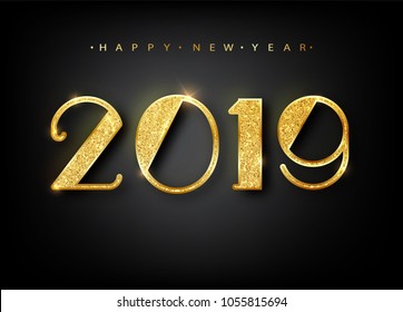 2019 Happy new year. Gold Numbers Design of greeting card. Gold Shining Pattern. Happy New Year Banner with 2019 Numbers on Bright Background. Vector illustration