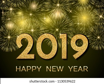 2019 Happy New Year. Gold fireworks on dark background. New Year 2019 greeting card. Background with golden numbers and fireworks. Vector illustration.