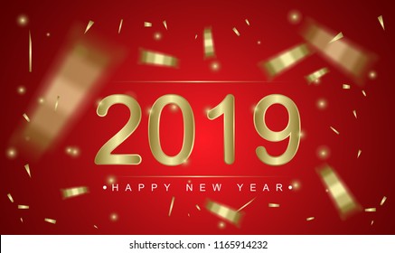 2019 happy new year. Gold Numbers and shape greeting card with falling Shiny Confetti. Happy New Year Banner with 2019 Numbers. Vector illustration eps10.