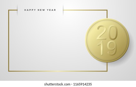 2019 happy new year. Gold Numbers and shape greeting card with falling Shiny Confetti. Happy New Year Banner with 2019 Numbers. Vector illustration eps10.