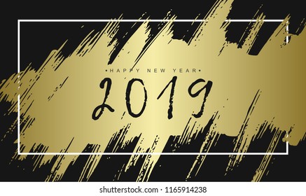 2019 happy new year. Gold Numbers and shape greeting card with falling Shiny Confetti. Happy New Year Banner with 2019 Numbers. Vector illustration eps10.