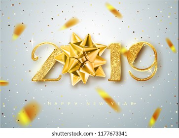 2019 Happy new year. Gold Numbers Design of greeting card of Falling Shiny Confetti. Gold Shining Pattern. Happy New Year Banner with 2019 Numbers on Bright Background. Vector illustration.